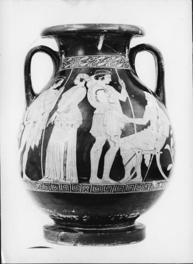 Ζ. Του Πολίωνος. Ερυθρόμορφη πελίκη. Σκηνή αναχώρησης πολεμιστή.