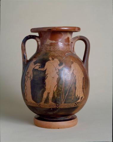Αγγειογράφος Αίσων.  Ερυθρόμορφη πελίκη. Α΄ όψη. Παράσταση αναχώρησης Θησέως.