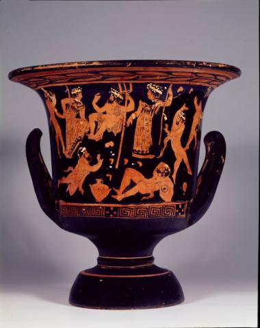 Αττικός ερυθρόμορφος καλυκωτός κρατήρας. Αμυμώνη, Ποσειδώνας, Αφροδίτη, Σάτυρος.