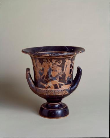 Αττικός ερυθρόμορφος καλυκωτός κρατήρας. Αμυμώνη, Ποσειδώνας, Διονυσιακός θίασος.