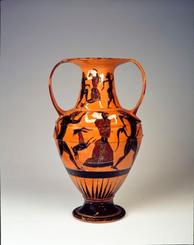 Νικοσθένειος αμφορέας μελανόμορφου ρυθμού με παράσταση διονυσιακού θιάσου.