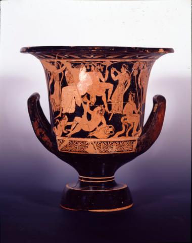 Αττικός ερυθρόμορφος καλυκωτός κρατήρας. Αμυμώνη, Ποσειδώνας,  Διονυσιακός θίασος.