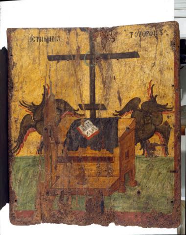 Εικόνα αμφιπρόσωπη. Α΄ όψη: Παναγία Οδηγήτρια. Β΄ όψη: Η ετοιμασία του θρόνου