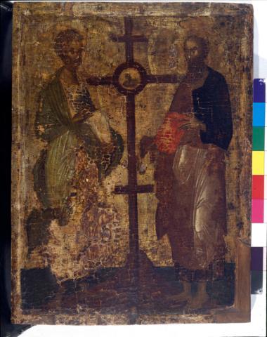 Εικόνα αμφιπρόσωπη. Α΄ όψη: απόστολοι Πέτρος και Παύλος. Β΄ όψη: Σταυρός