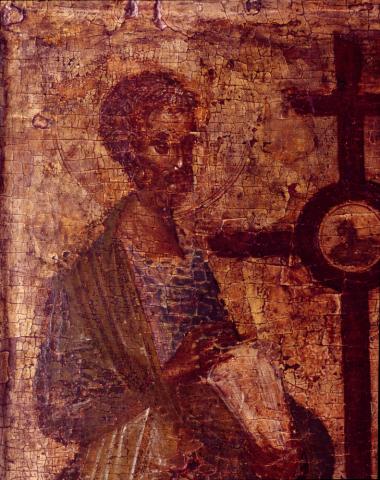 Εικόνα αμφιπρόσωπη. Α΄ όψη: απόστολοι Πέτρος και Παύλος. Λεπτομέρεια. Β΄ όψη: Σταυρός