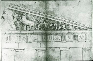 Σχέδιο του δυτικού αετώματος του Παρθενώνα από τον J. Carrey (1674)