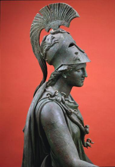Χάλκινο άγαλμα Αθηνάς. Λεπτομέρεια, ανώτερο τμήμα αγάλματος, πλάγια δεξιά πλευρά. Πιθανώς έργο του γλύπτη Ευφράνορος.
