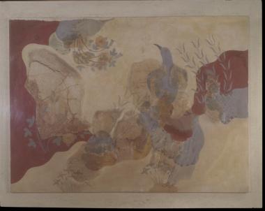 Η τοιχογραφία του Γαλάζιου Πουλιού σε τοπίο με βράχια, άγρια ρόδα και ίριδες