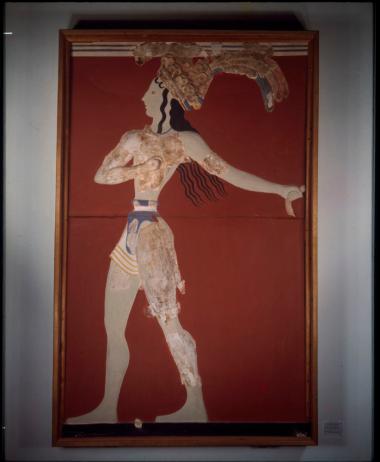 Αναστηλωμένη τοιχογραφία του Πρίγκιπα με τα Κρίνα από το ανάκτορο της Κνωσού