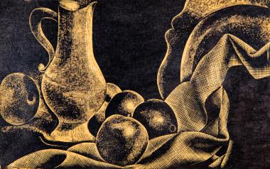 Νεκρή φύση με μήλα, κανάτα και πετσέτα