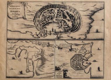 Afbeelding der Oude Stad Rhodus, Rhode [Περιγραφή της παλιάς πόλης της Ρόδου]. Platte gront der Stad Rhodus [Κάτοψη της πόλης Ρόδου]. De Hedendaegsche Stad en Haven van Rhodus [Η πόλη και το λιμάνι της Ρόδου]
