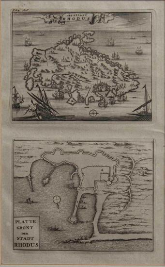 Het eylant Rhodus & Platte Gront der Stadt Rhodus [Το νησί της Ρόδου και Χάρτης της πόλης της Ρόδου]