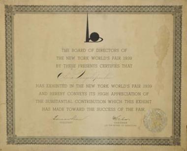 Τιμητικό δίπλωμα για τη συμμετοχή της Ελένης Πασχαλίδου - Ζονγολοπούλου στη Διεθνή Έκθεση Νέας Υόρκης 1939
