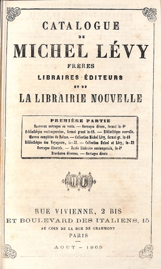 Catalogue de Michel Lévy Freres Libraires-Éditeurs et de La Librairie Nouvelle