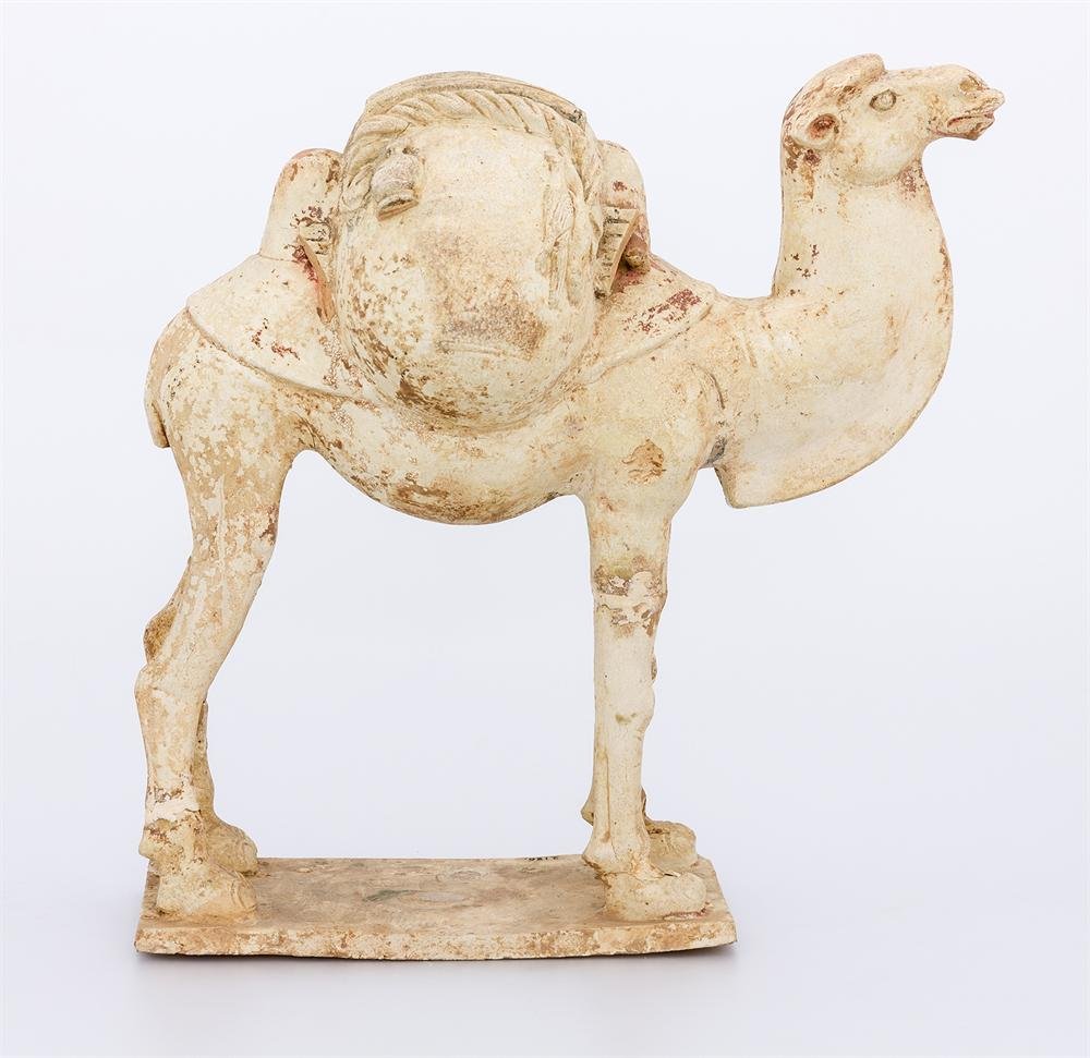 Burial figure of a loaded camel, of straw-glazed and painted earthenware, Sui or Tang dynasty