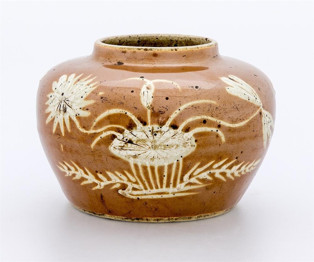 Jar of toffee colour--glazed porcelain with decoration
