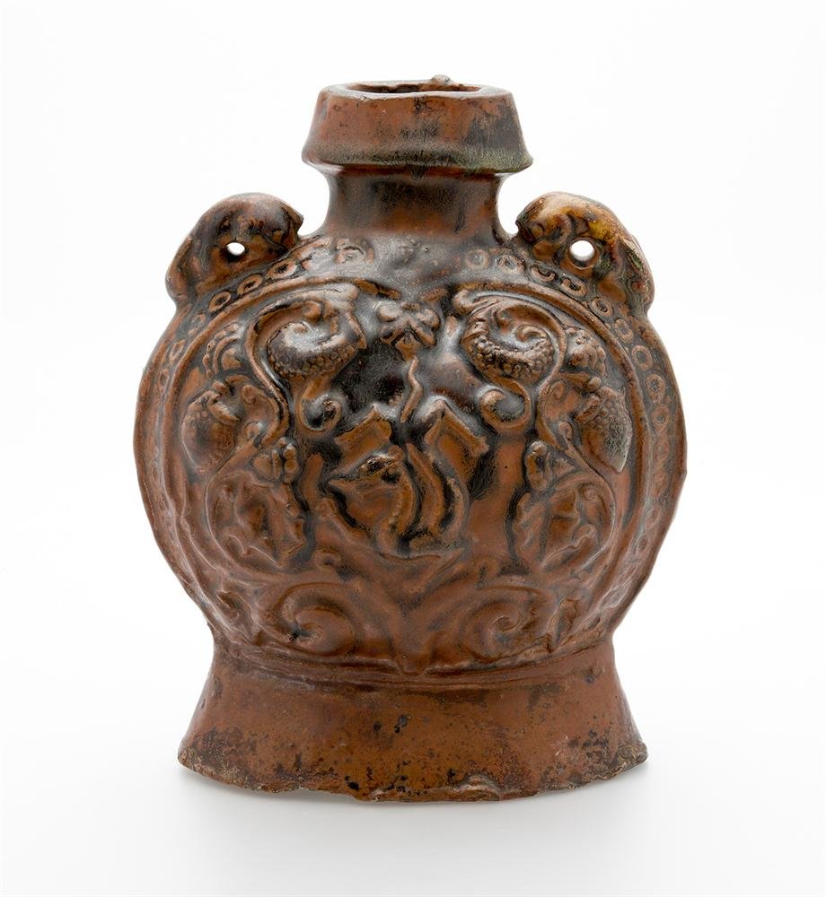 Flask of moulded and brown glazed earthenware, Sui or early Tang dynasty