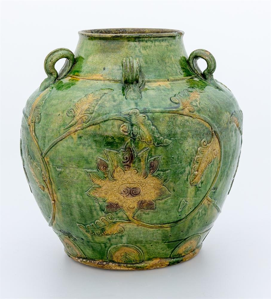 Jar of stoneware with sancai glaze