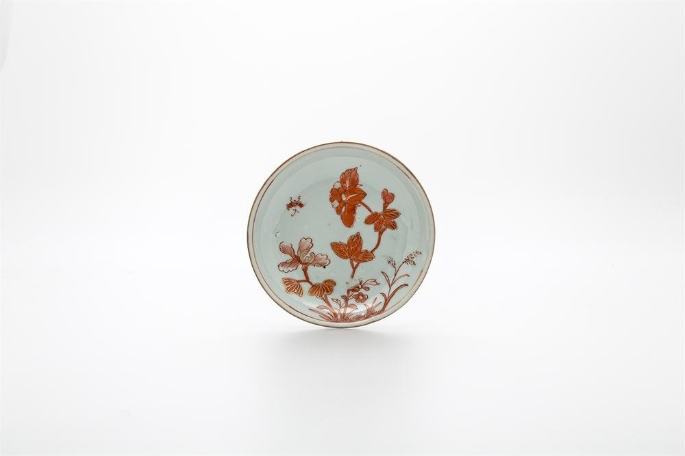 Saucer, porcelain with café au lait brown glaze and iron red enamel decoration