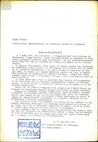 Manifesto in French about the prisoners Kostis Kostarakos and Fotis Provatas