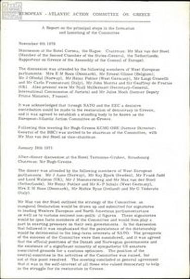 European – Atlantic Action Committee on Greece: report and speech by D. Papaspyros in the Hague (NATO) and relevant statement