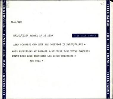 Τηλεγράφημα του FEU CUBA έκφρασης αδυναμίας συμμετοχής στο Πανευρωπαϊκό Συνέδριο