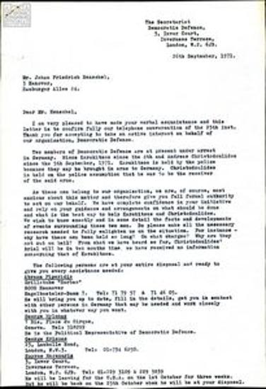 Outgoing correspondence by the Democratic Defence (DA) Secretariat