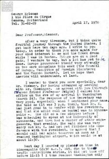 Letter from Georgios Mylonas to Wiesner Jerome