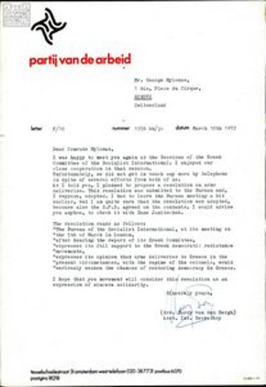 Letters from Harry Van de Bergh to Georgios Mylonas