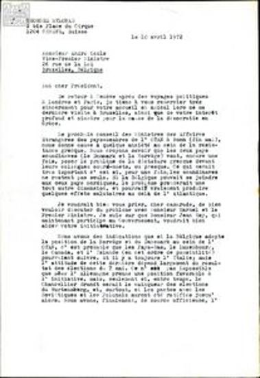 Επιστολές ανάμεσα στον Γεώργιο Μυλωνά και τον Andre Cools για το ζήτημα της στάσης του Βελγίου στην επικείμενη σύνοδο χωρών του ΝΑΤΟ