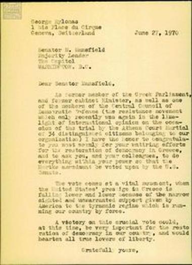 Letter from Georgios Mylonas to Mike Mansfield