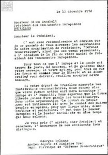 Letter from Georgios Mylonas to Sicco Mansholt