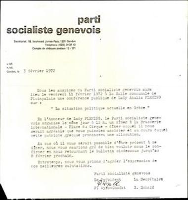 Invitation to an event by the Geneva Socialist Party where Amalia Fleming will talk about the situation in Greece