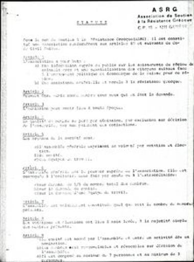 Founding charter of the organisation 'Association de Soutien à la Résistance Grècque' in Switzerland