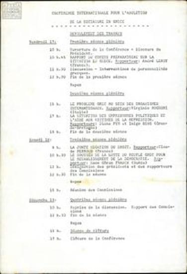 Schedule of the 'International Conference for the abolition of dictatorship in Greece' and a list of the Greeks in attendance