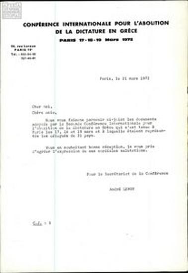Επιστολή του André Leroy εκ μέρους της γραμματείας του Συνεδρίου για αποστολή επισυναπτόμενων εγγράφων (αποφάσεων, ψηφισμάτων κλπ) που υιοθέτησε το Συνέδριο