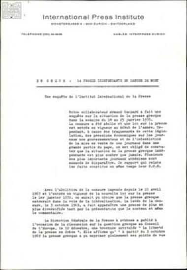 Investigation and report by the International Press Institute on freedom of press in Greece and a letter by E. Averoff to G. Papadopoulos