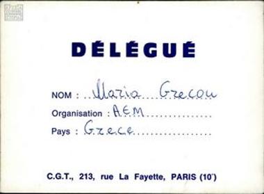 Delegate's card for the World Union Congress in solidarity with the people of Indochina