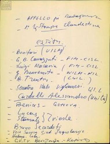 Name lists of foreign trade union bodies/organisations, notes and a letter by M. Karra