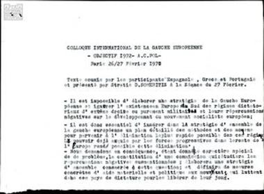 Statements, declarations, resolutions by the Socialist Democratic Front (SDE), Partido Socialista Obrero Espanol (PSOE), Acção Socialista Portuguesa (ASP) relating to the co-ordination of their joint anti-dictatorship activity
