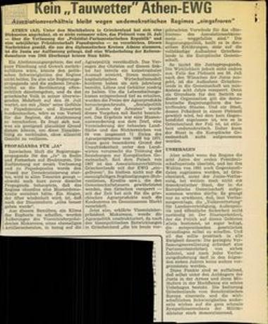Clipping of an article from the newspaper of the Austrian Socialist Party on the political developments in Greece and the upcoming July 1973 referendum