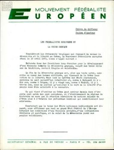 Correspondence between S. Someritis (Hellenic League for Human Rights) and the organisation 'Mouvement Fédéraliste Européene' regarding the situation in Greece under the dictatorship