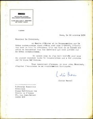 Επιστολή του Lelio Basso στον Στράτη Σωμερίτη