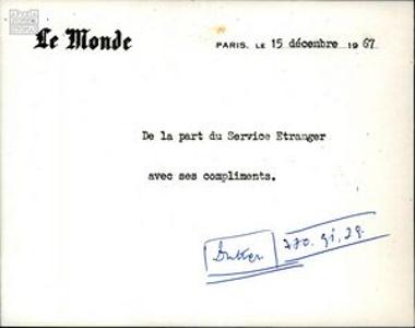 Thank-you letter from Le Monde to Stratis Someritis