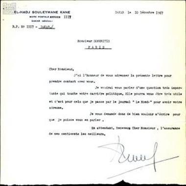 Αλληλογραφία του El-Hadj Souleymane Kane με τον Σ. Σωμερίτη