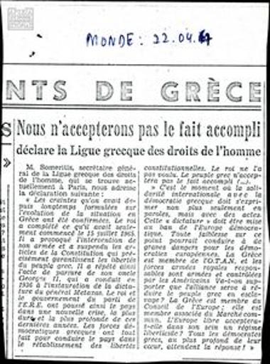 Statement by S. Someritis to Le Monde on the imposition of dictatorship in Greece