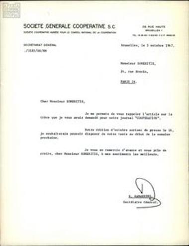 Letter from R. Ramaekers to Stratis Someritis