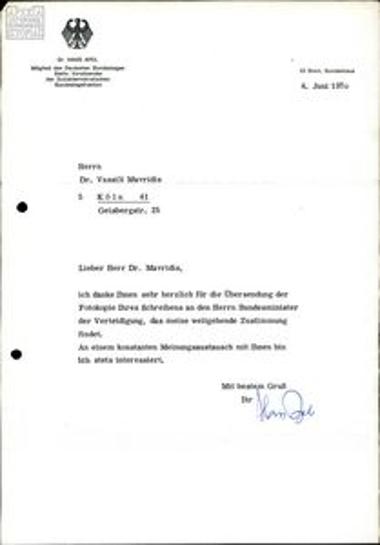 Ευχαριστήριο τηλεγράφημα στον Βασίλη Μαυρίδη από τον βουλευτή Hans Apel