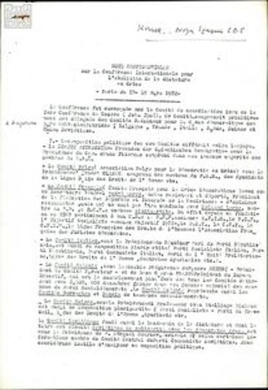 Note confidentielle sur la Conférence Internationale pour l' abolition de la dictature en Grèce