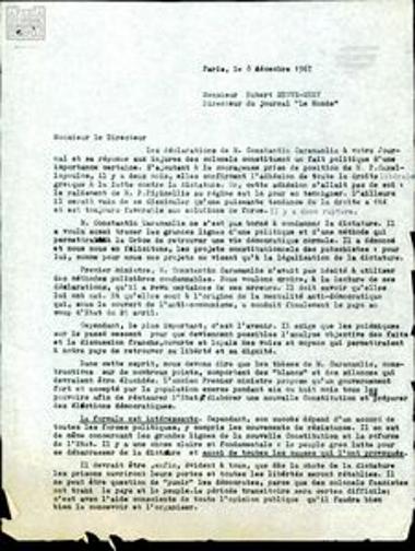 Letter from S. Someritis to the director of the newspaper Le Monde